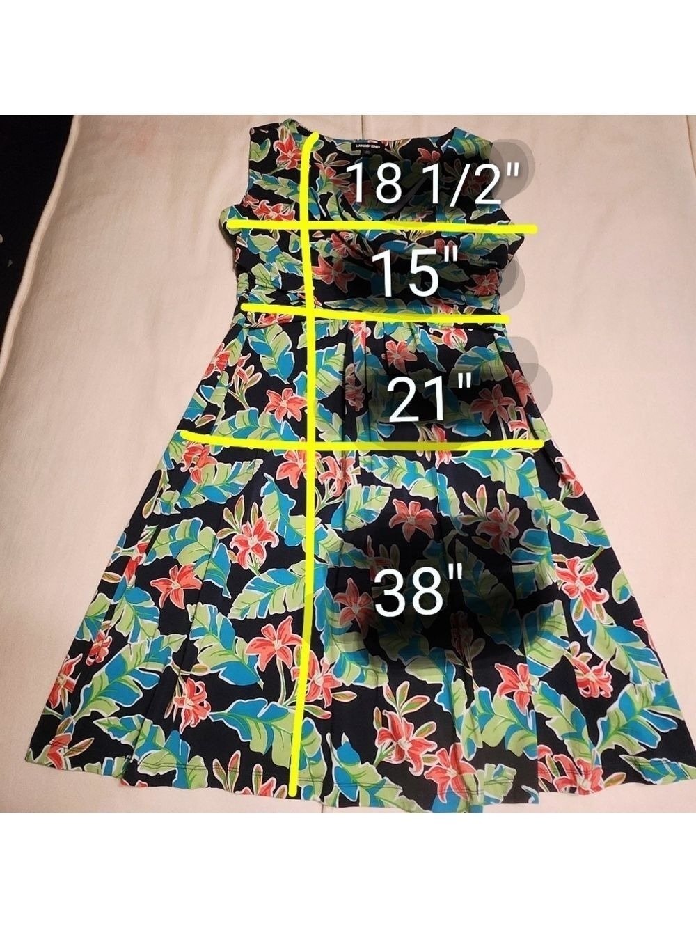 Lands End Green Black Floral Wrap A Line Dress Medium 10 12 - Picture 11 of 11